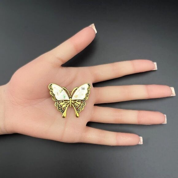 Yellow Gold with Embedded Shell in White Enamel Butterfly Pin Back Brooch - Picture 7 of 7